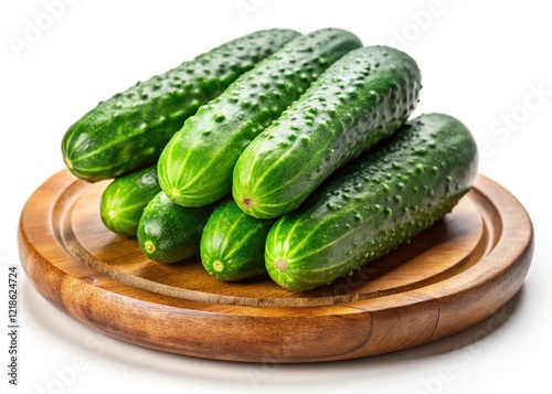 Fresh Cucumbers on Rustic Wooden Plate â€“ Isolated White Background Stock Photo