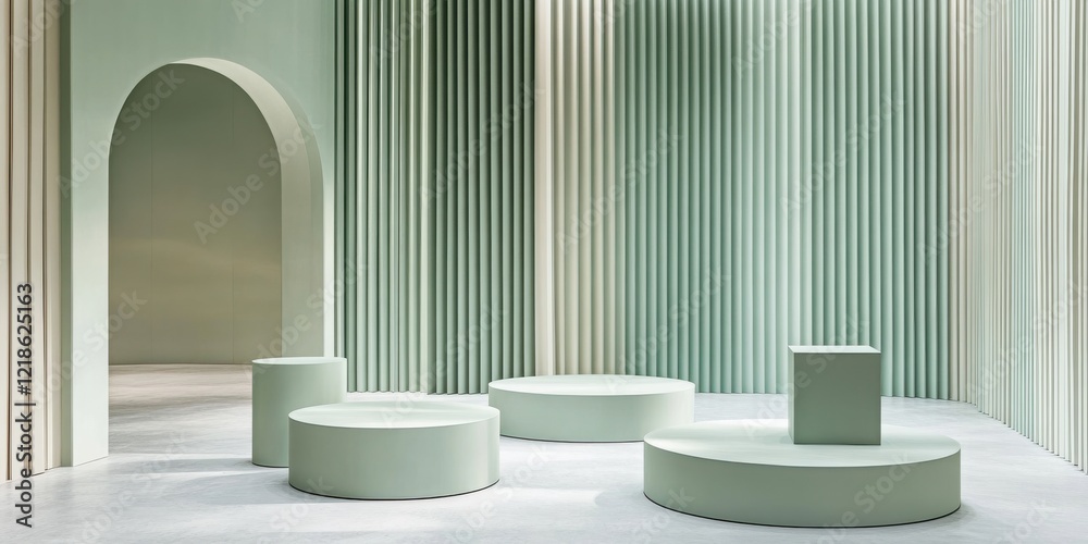 Modern minimalist interior with green architectural forms and geometric design elements Modern minimalist interior with green architectural forms and geometric design elements