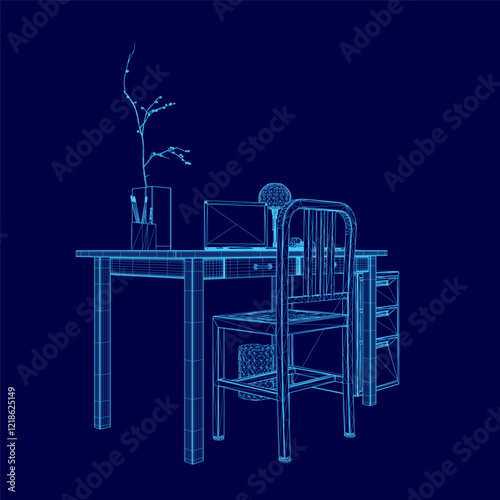 Blue computer desk with a chair and a vase of flowers on it. The chair is positioned in front of the desk, and the vase is placed on the desk
