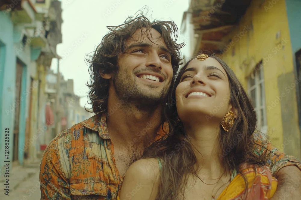Happy couple enjoying time together in a vibrant alley with colorful buildings in the background Happy couple enjoying time together in a vibrant alley with colorful buildings in the background