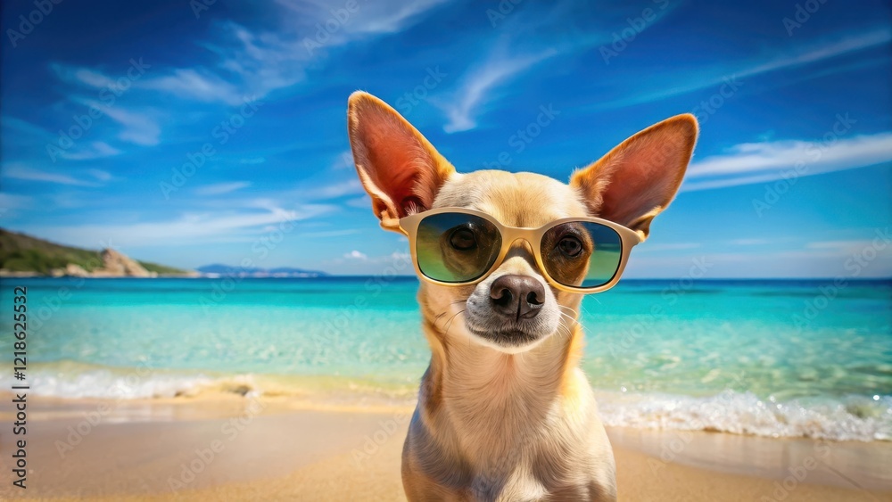 Chihuahua dog wearing trendy sunglasses stands proudly on a sandy beach with crystal clear blue water in background, soaking up sun's warm rays, tropical scene, sunny day Chihuahua dog wearing trendy sunglasses stands proudly on a sandy beach with crystal clear blue water in background, soaking up sun's warm rays, tropical scene, sunny day