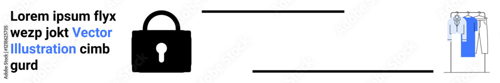 Black lock icon next to a wardrobe hanger with clothes. Ideal for e-commerce, data protection, online security, privacy, safe transactions, retail technology, consumer trust. Landing page Black lock icon next to a wardrobe hanger with clothes. Ideal for e-commerce, data protection, online security, privacy, safe transactions, retail technology, consumer trust. Landing page