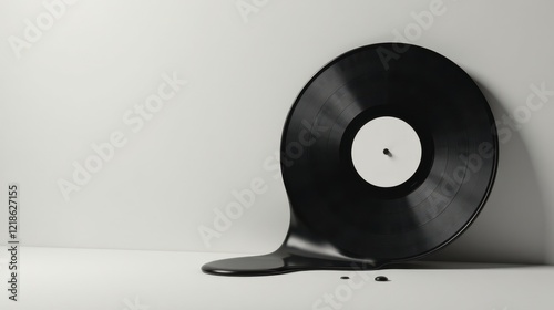 A vinyl record melts dramatically, leaving a trail of black on a minimalist surface, a surreal depiction of the passage of time and the ephemeral nature of music photo