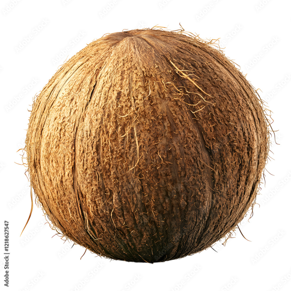 A single whole coconut with its brown husk is shown against a transparent background, cut out, PNG 3D Digital Art, clip art. A single whole coconut with its brown husk is shown against a transparent background, cut out, PNG 3D Digital Art, clip art.