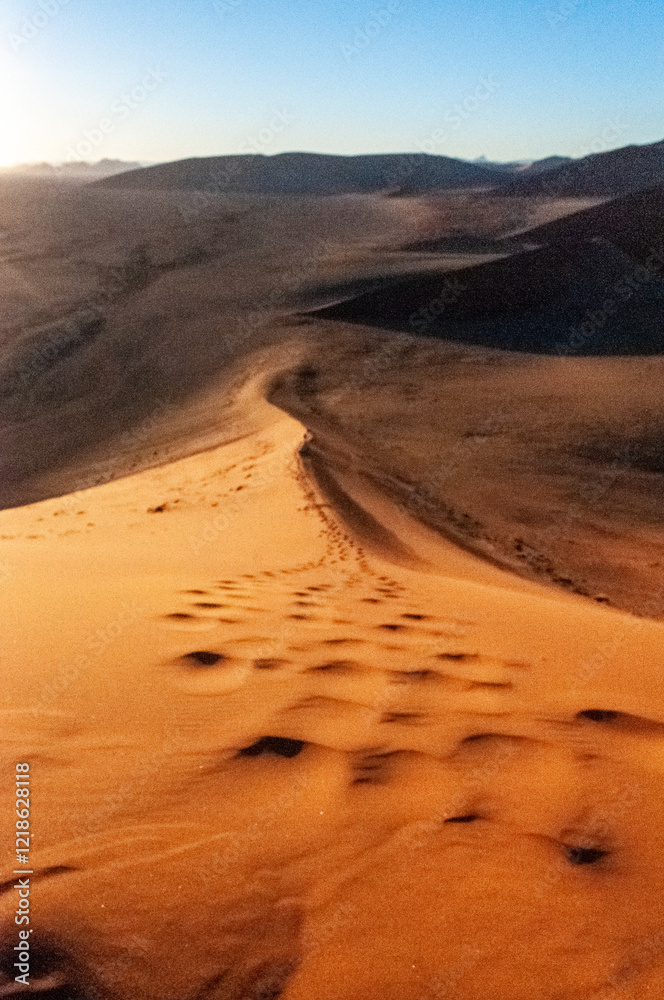 Fototapeta premium Exterior shot of the Namibian Sossusvlei sanddunes near the famous Dune 45 around sunrise