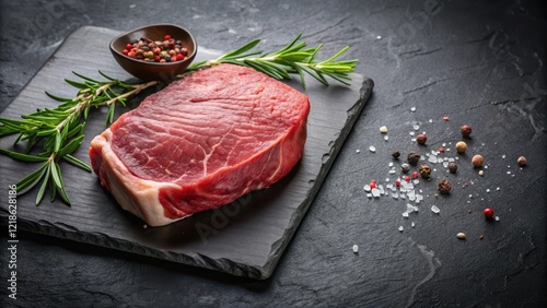 Beef rump steak on a black stone table, with a few slices removed to showcase the meat's tenderness and marbling