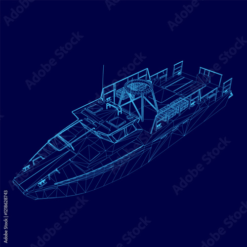 Blue boat is displayed in a blue background. The boat is a 3D model and is shown in a blue color