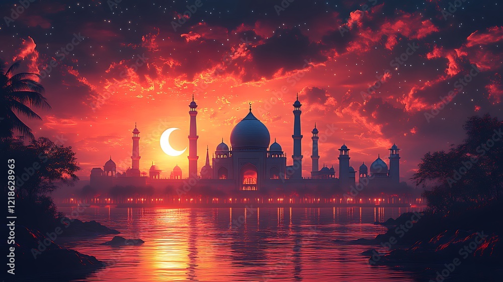 Fototapeta premium Vibrant Sunset with Silhouette of a Mosque and Reflection on Water