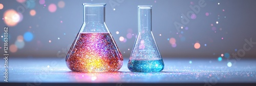 Colorful liquids in beakers, lab experiment, bokeh background, science research