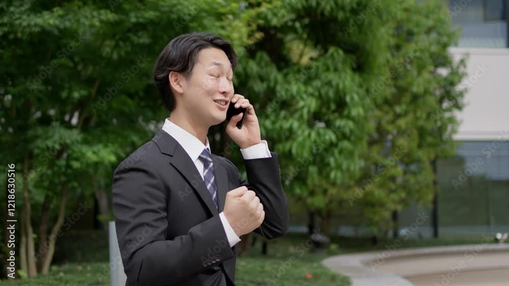 電話をしながら喜ぶビジネスマン 電話をしながら喜ぶビジネスマン
