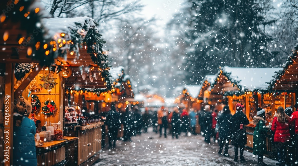 Obraz premium Winter festival with people drinking hot cider and snow falling - generated AI