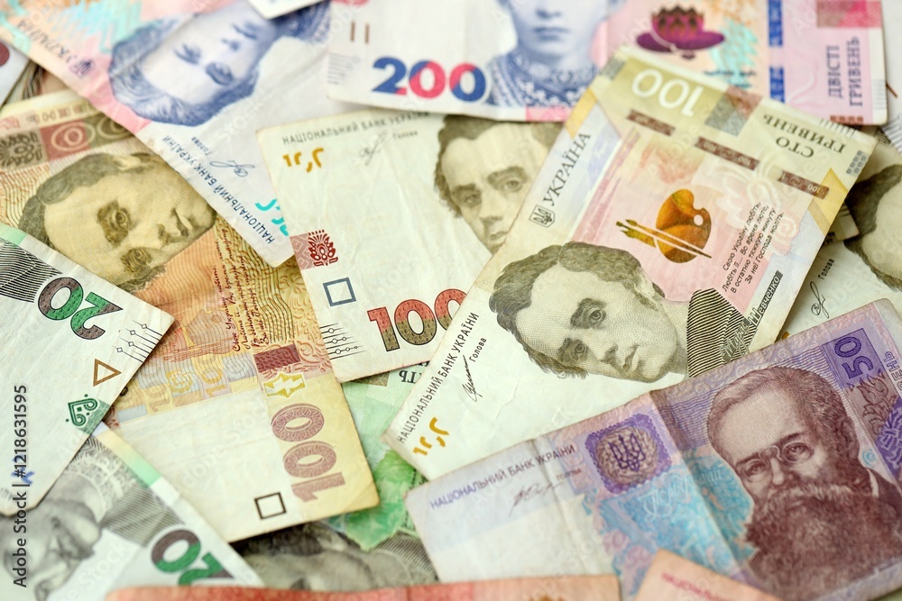 Obraz premium Big amount of different ukrainian hryvnia currency money bills in pile