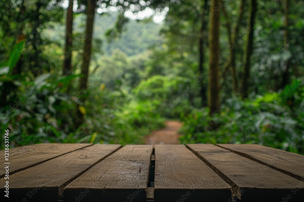 Wooden Table in Lush Green Forest Nature Scene Wooden Table in Lush Green Forest Nature Scene