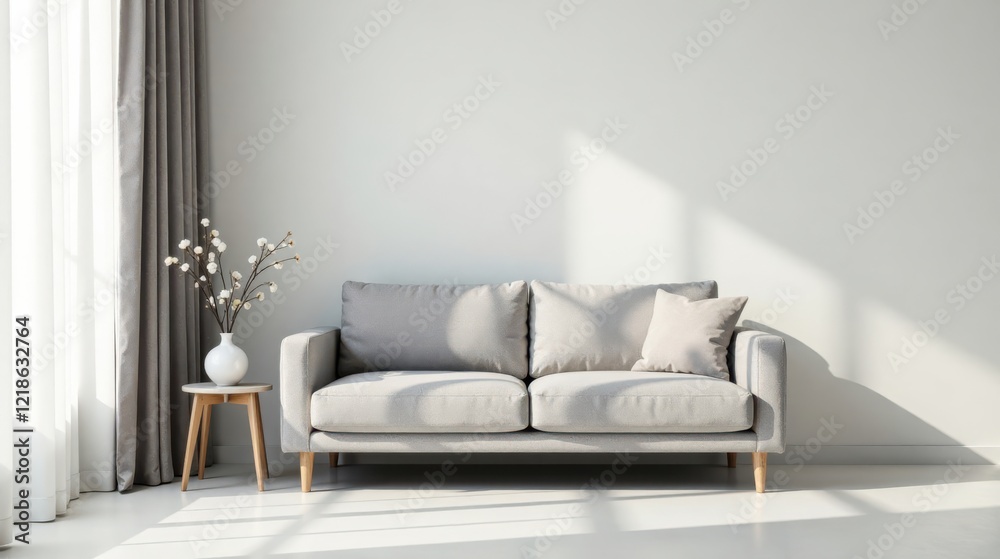 Fototapeta premium Modern minimalist living room interior design featuring a light grey sofa, side table with vase, and sheer curtains.