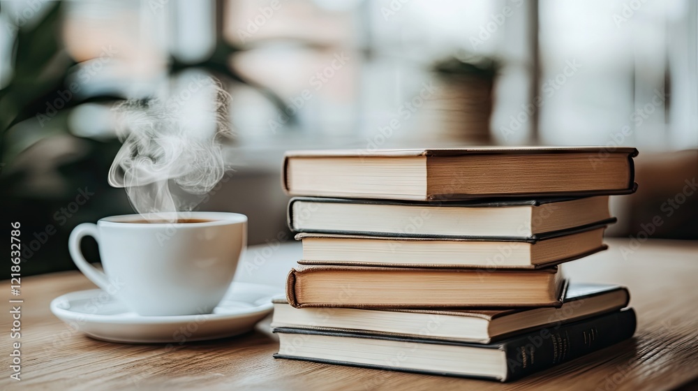 A small stack of books and a steaming cup of coffee on a wooden table by a window. A small stack of books and a steaming cup of coffee on a wooden table by a window.