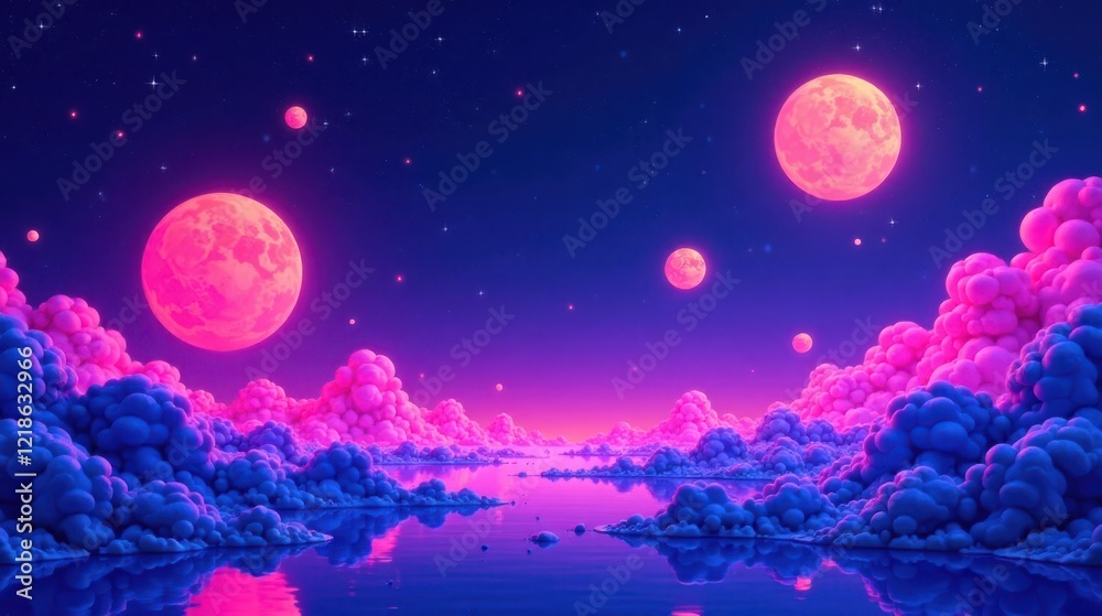 Surreal Dreamscape Pink and Blue Celestial Clouds Reflecting on a Calm, Ethereal Lake Under a Night Sky Adorned with Luminous Moons and Stars Surreal Dreamscape Pink and Blue Celestial Clouds Reflecting on a Calm, Ethereal Lake Under a Night Sky Adorned with Luminous Moons and Stars