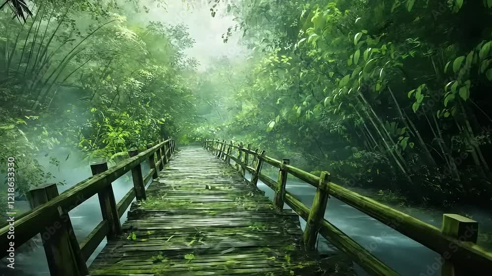 Mossy Bamboo Bridge Across a Serene Forest Stream Mossy Bamboo Bridge Across a Serene Forest Stream