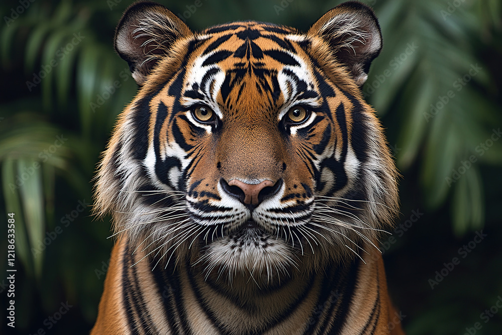 Fototapeta premium The fierce majesty and piercing gaze of a tiger in its natural habitat, using wildlife photography to emphasize its bold orange and black stripes.