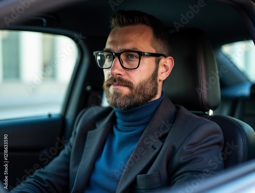 smiling mature man male business businessman driving drive luxury car vehicle suit adult middle aged meeting portrait young corporate manager created using generative ai technology