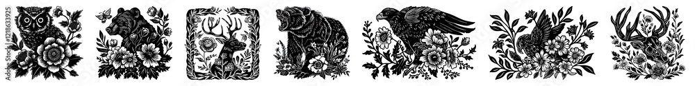 Obraz premium PNG Intricate nature-inspired silhouette designs on transparent background