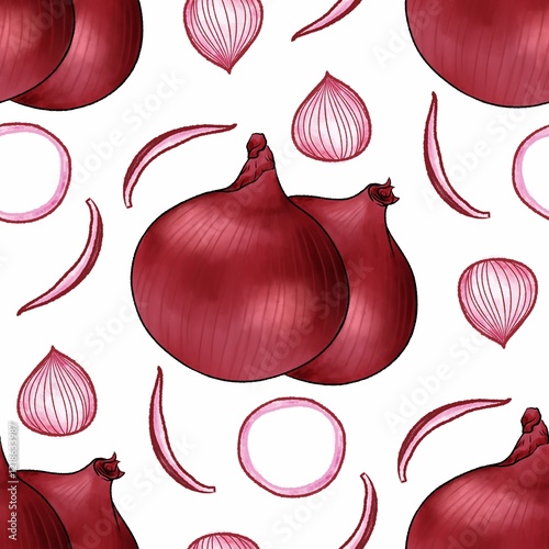 Red onion with slice pattern watercolor illustration on white background