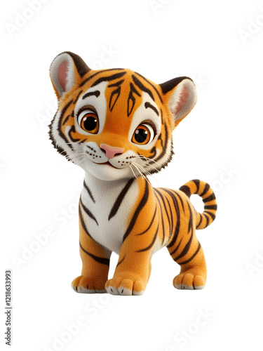 Adorable Cartoon Tiger Cub Standing Posing, isolated on a transparent background, cut out, PNG 3D Digital Art, clip art.