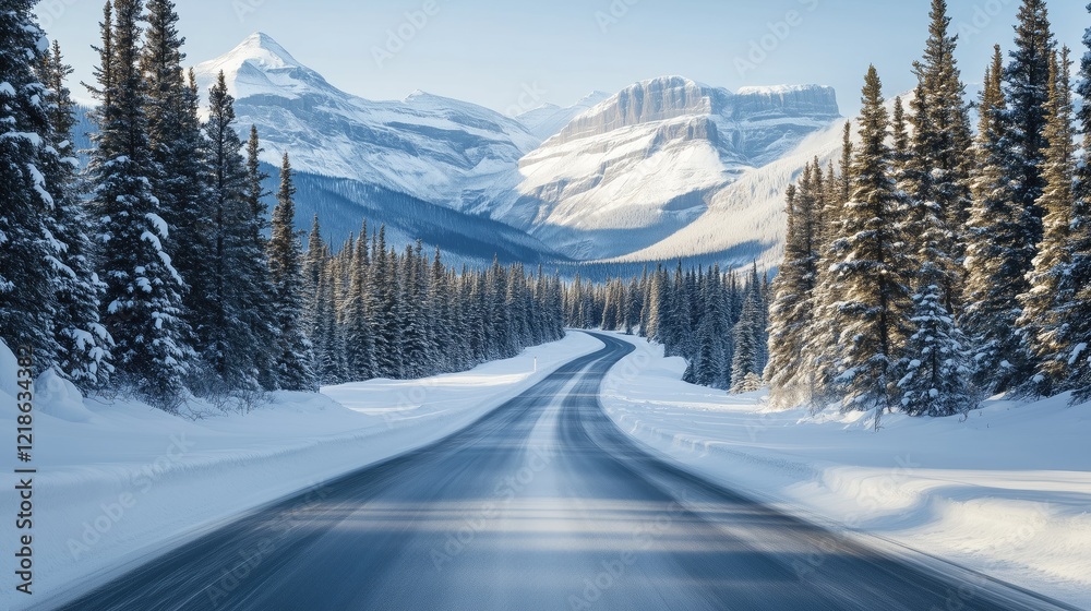 Winter road with snow-covered trees and mountains in the distance generated AI Winter road with snow-covered trees and mountains in the distance generated AI