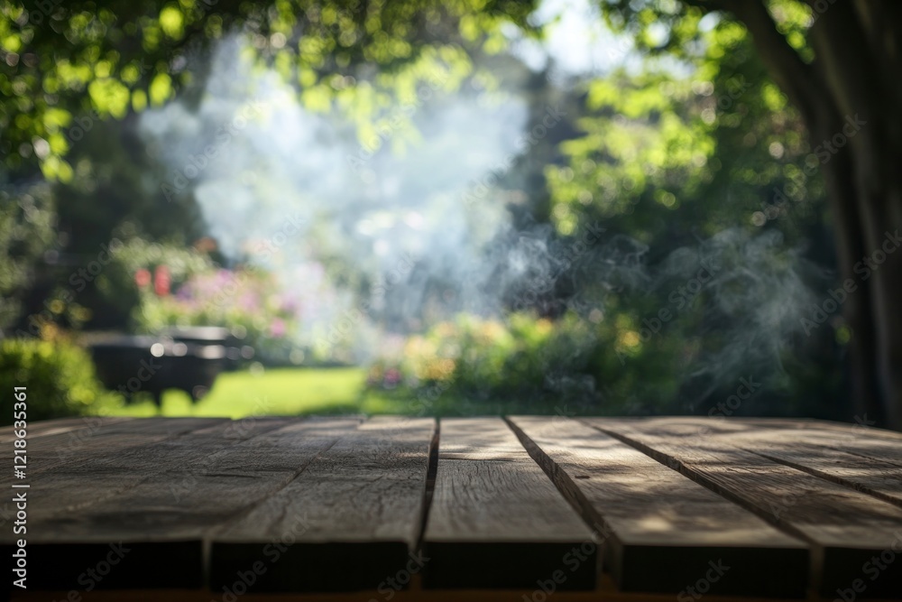 Rustic Wooden Table Summer Bbq Backyard Scene Rustic Wooden Table Summer Bbq Backyard Scene