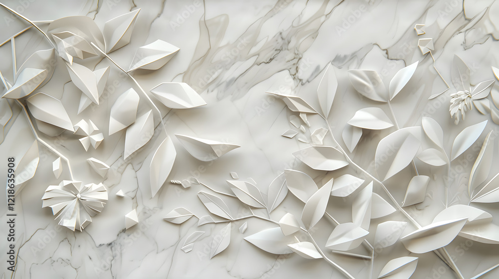 Obraz premium A three-dimensional marble texture featuring intricate geometric floral leaves in elegant white tones, generative ai