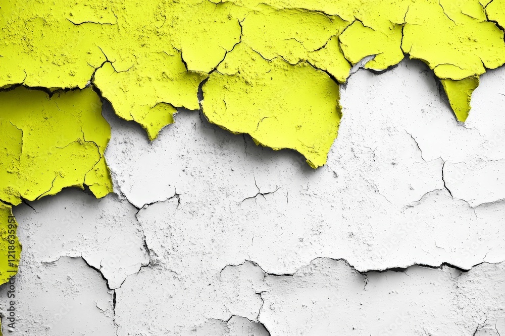 Obraz premium Old wall with cracked paint in bright yellow and white reveals texture and deterioration over time
