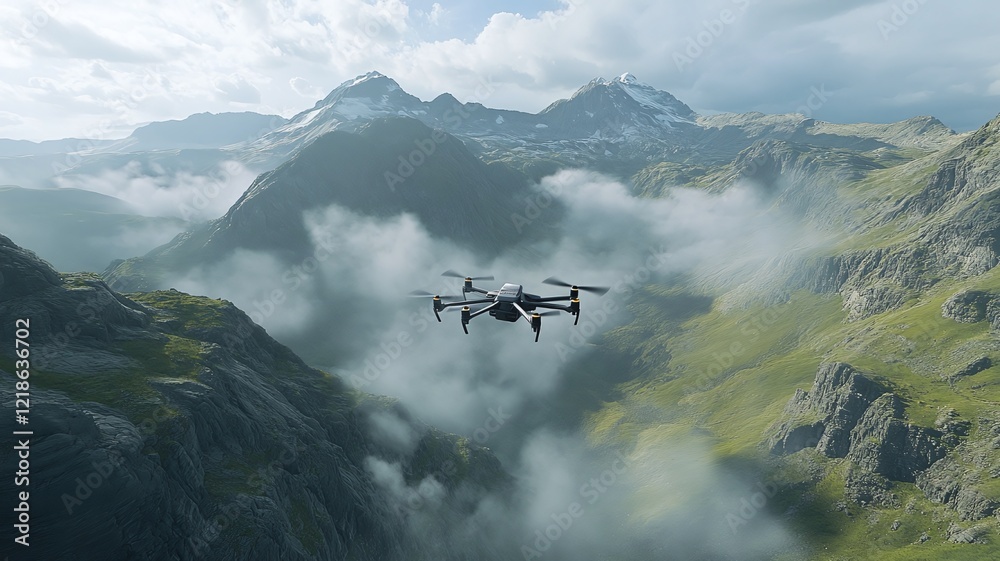 Fototapeta premium A drone is flying on a cloudy mountains