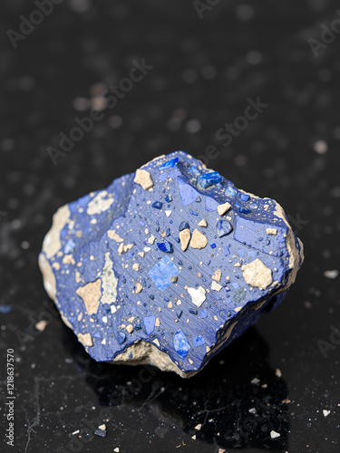 closeup of sample of natural mineral from geological collection - polished Lazurite (Lapis Lazuli) rock on black granite background from Tajikistan photo