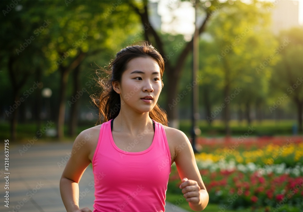 Fototapeta premium a young asian woman is running in a city park 