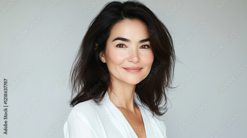 A woman stands in a minimalistic background, her long dark hair framing her face. She smiles warmly, exuding confidence and grace, highlighting her natural features in diffuse light. A woman stands in a minimalistic background, her long dark hair framing her face. She smiles warmly, exuding confidence and grace, highlighting her natural features in diffuse light.