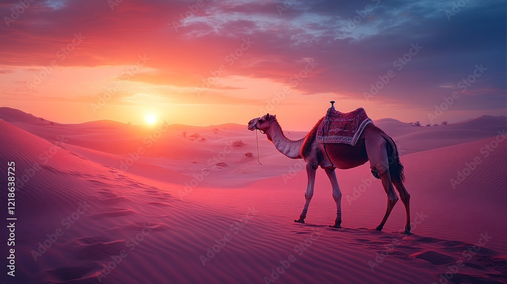 Desert camel at sunset; dramatic sky