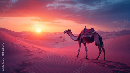 Desert camel at sunset; dramatic sky photo