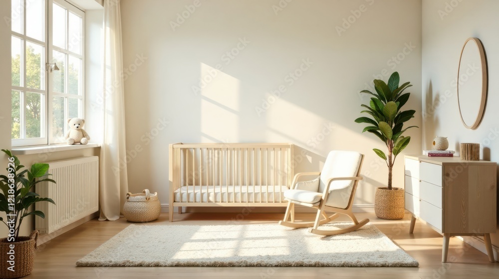 Fototapeta premium Serene Nursery Interior Design Sunlight Illuminates a Cozy Crib, Rocking Chair, and Natural Decor Elements