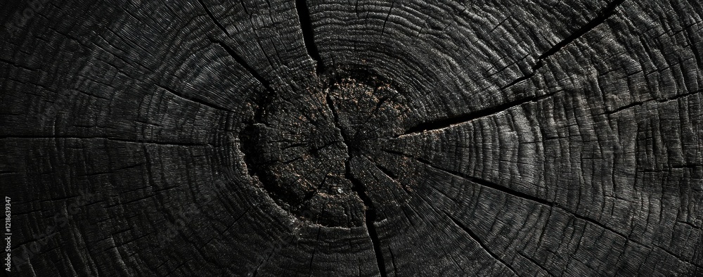Fototapeta premium Black wood grain texture background, detailed cross-section of a tree trunk with intricate patterns and textures
