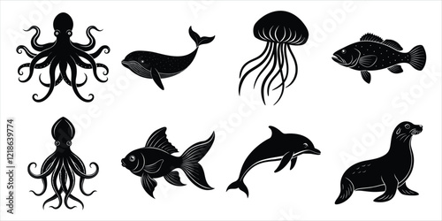 Photography Ocean, Sea animals silhouette set