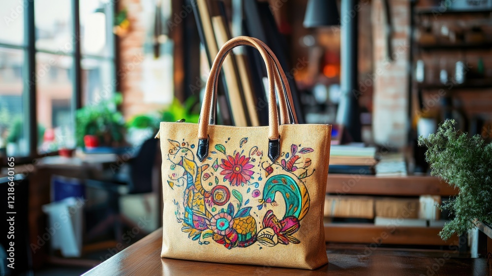 custom made wallpaper toronto digitalA bag with artistic hand-painted designs placed in a cozy creative workspace