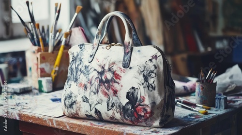 A bag with artistic hand-painted designs placed in a cozy creative workspace