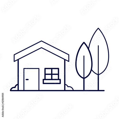 Cottage with Trees Icon. Rural Residence and Nature Living Illustration.