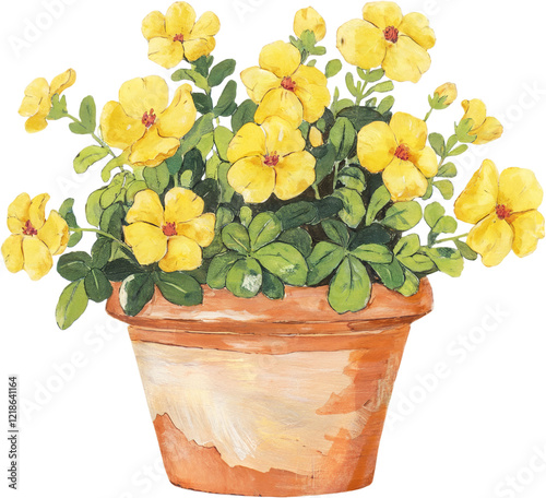 A watercolor painting of yellow flowers in a pot on an isolated background
