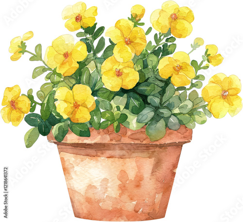 A watercolor painting of yellow flowers in a pot on an isolated background