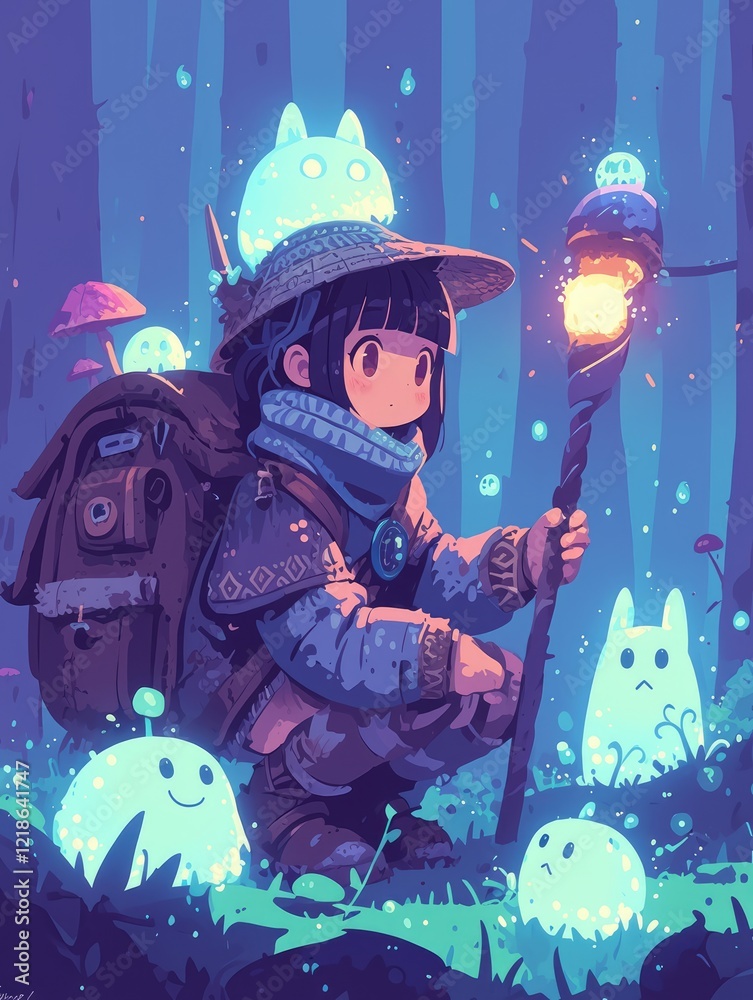Fototapeta premium Young Traveler Wanders Through Enchanted Forest With Glowing Creatures