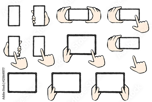 筆タッチのスマートフォンとタブレットと手のイラストセット