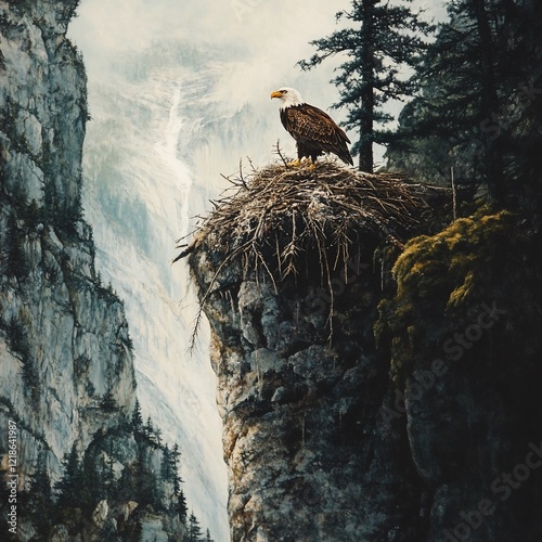 Majestic Bald Eagle Perched on Cliffside Aerie overlooking a Waterfall and Mountainous Landscape