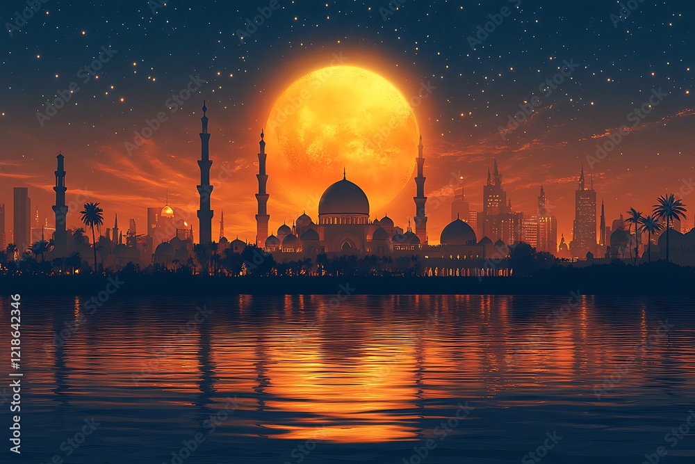Fototapeta premium Twilight cityscape silhouette with mosques and spires against large moon and stars reflected in water
