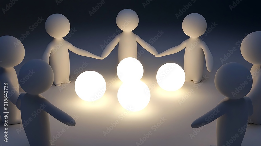 Obraz premium A group of people holding hands around a circle of lighted orbs