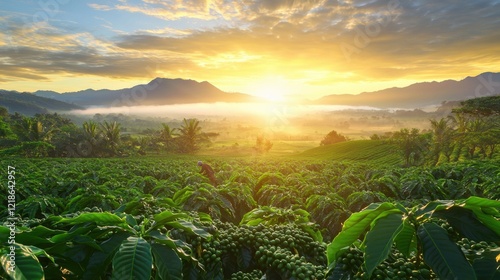 A serene coffee plantation in Africa, showing lush green coffee plants and workers hand-picking ripe coffee cherries under the morning sun.